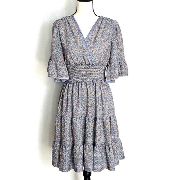 Max Studio Womens M Lavender Ditsy‎ Floral Print Tiered Dress Elbow Bell-Sleeves - Picture 1 of 13